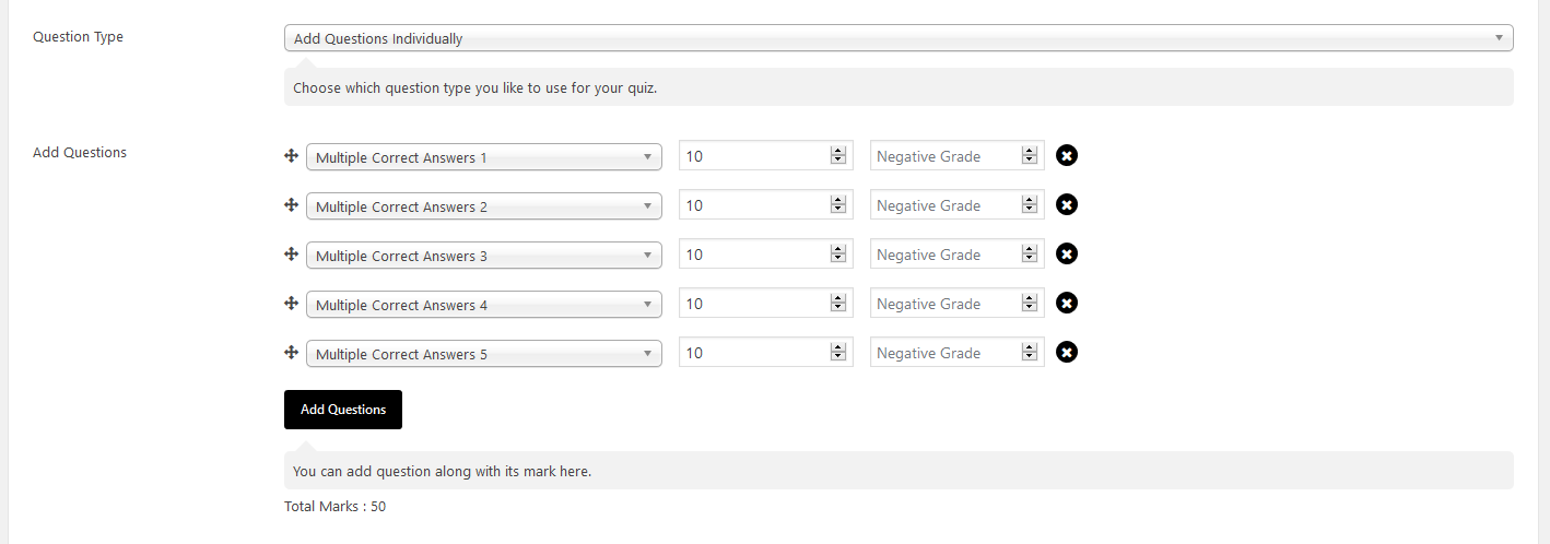 Quizzes Options